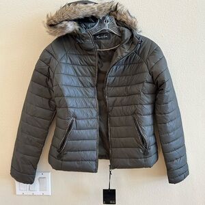 Massimo Dutti Medium Olive Green Hooded Puffer Faux Fur Grey Duck Down